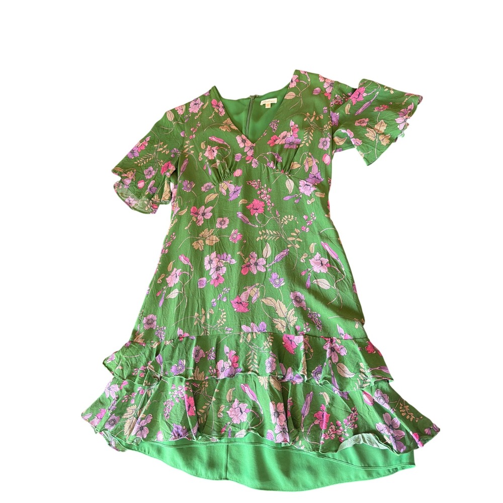 Shoshanna Dress Green Floral Silk V-Neck Flutter Sleeve Ruffle Mini 4640062 8